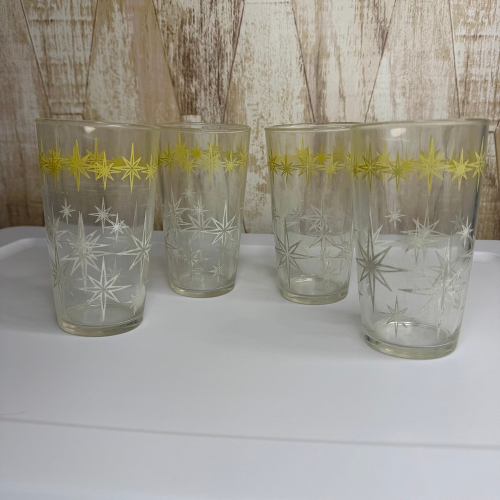 Vintage Hazel Atlas Starburst Glass Tumblers Set‎ of 4 Yellow White Mid Century